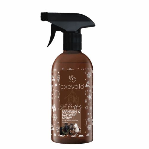 Weihnachtliche Flasche mit Pferdepflege und drei Ponys am Etikett